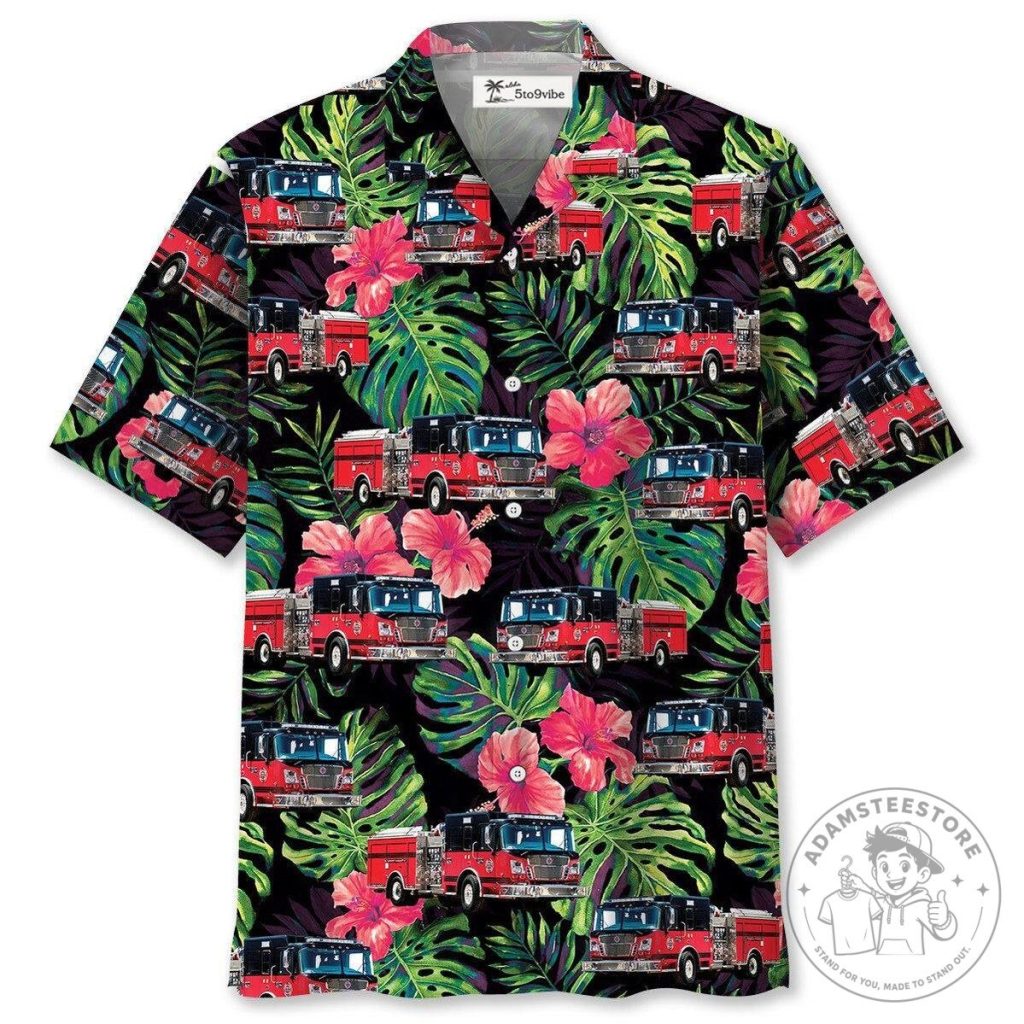 Hibiscus Hawaiian Shirt featuring Firefighter Truck Design 24 Hibiscus Hawaiian Shirt featuring Firefighter Truck Design