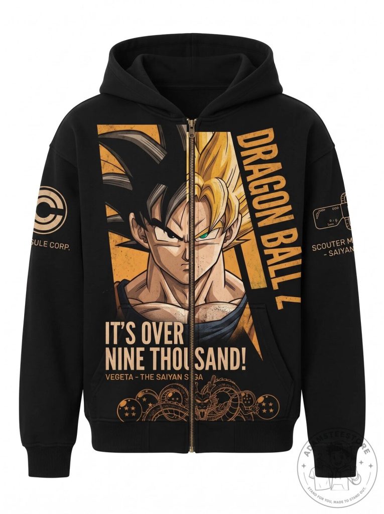 Dragon Ball Z Anime Fan Gift Hoodie, Goku Vegeta Super Saiyan "It's Over Nine Thousand"