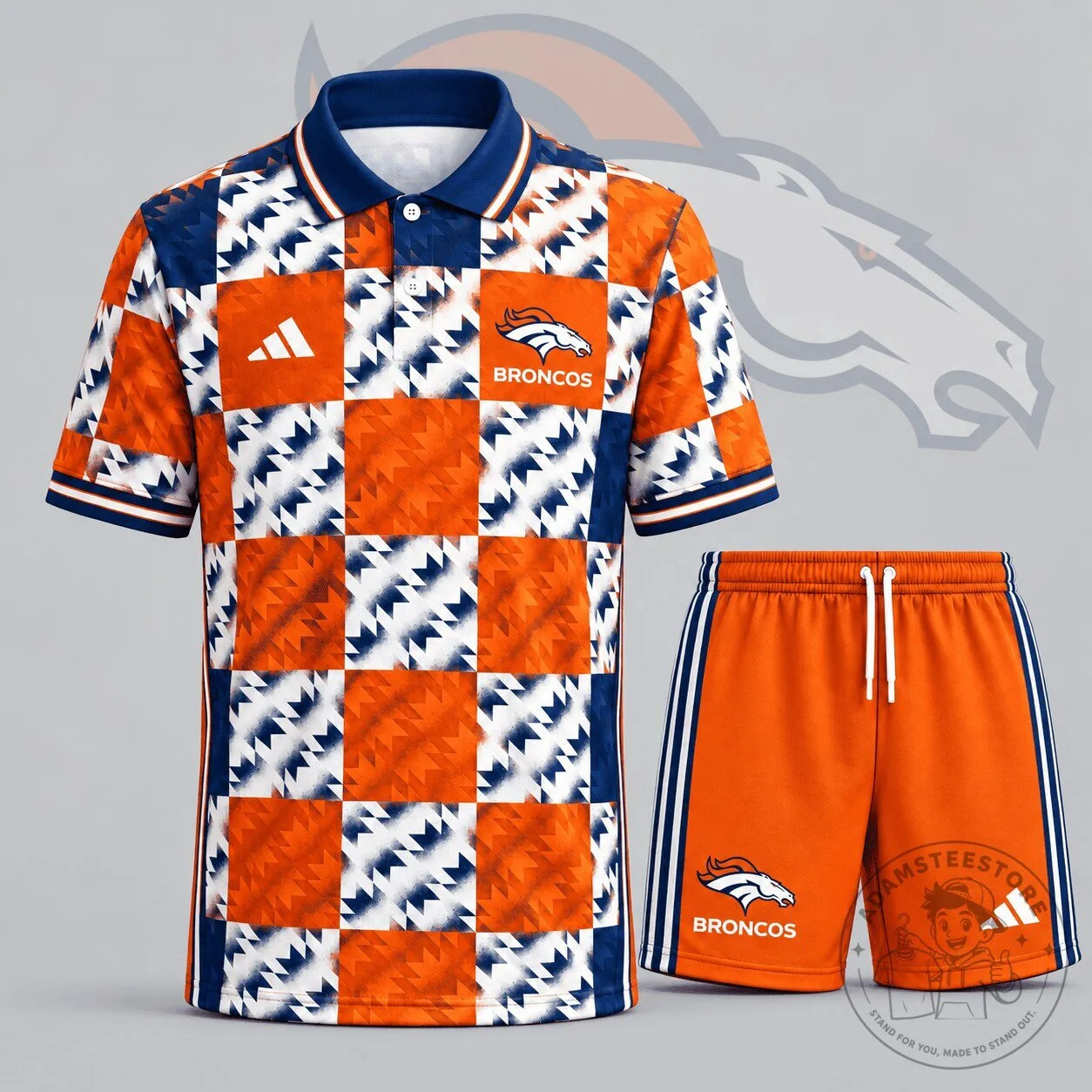 Denver Broncos NFL Football Team Orange Blue Polo Shirt and Shorts Set