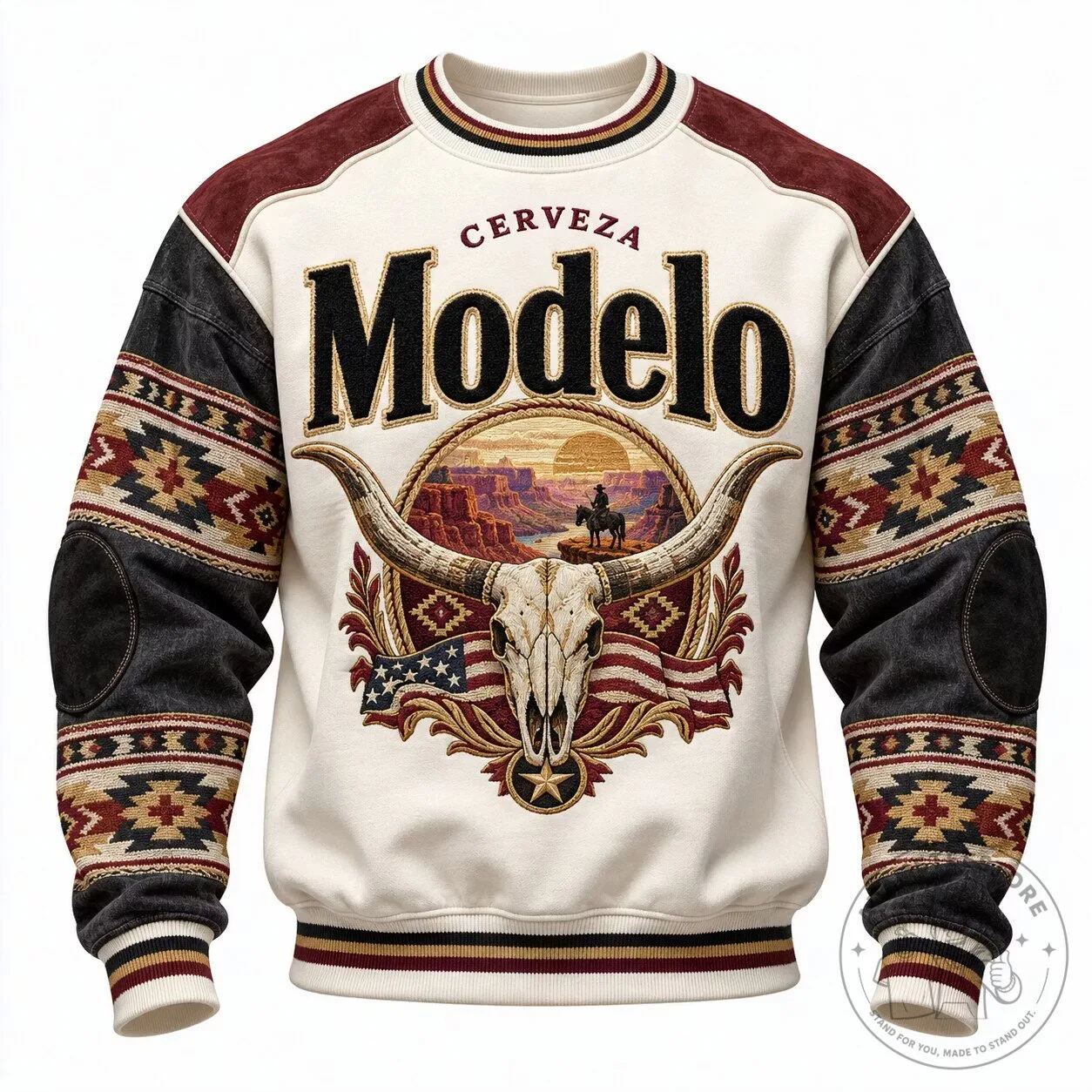 Modelo Cerveza Beer Western Cowboy Skull Graphic Long-Sleeve Sweatshirt