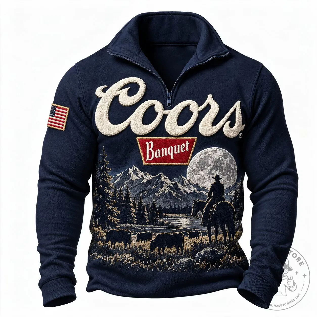 Coors Banquet Beer Cowboy Mountains Full Moon Quarter Zip Sweatshirt