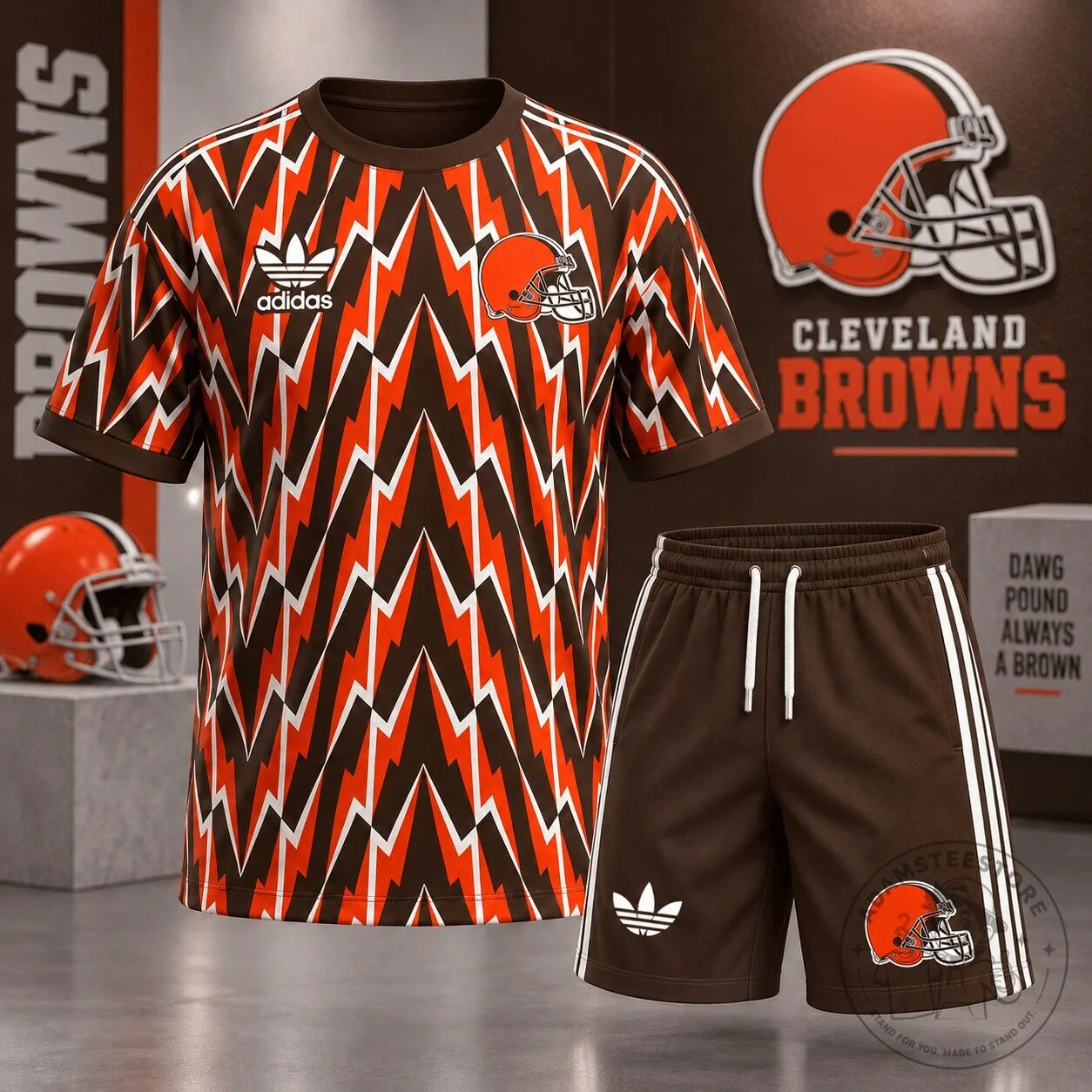 Cleveland Browns Football Team All Over Print Brown and Orange T-Shirt and Shorts Set