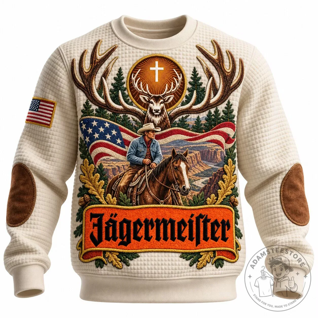 Jagermeister Deer Antler American Flag Cowboy Rider Waffle Knit Sweatshirt