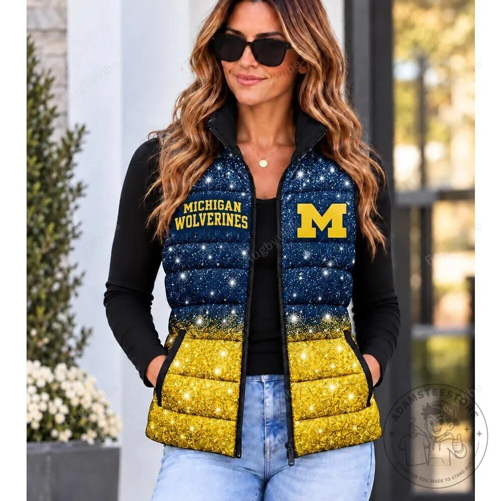 Michigan Wolverines Sparkle Glitter Pattern Puffer Vest Jacket