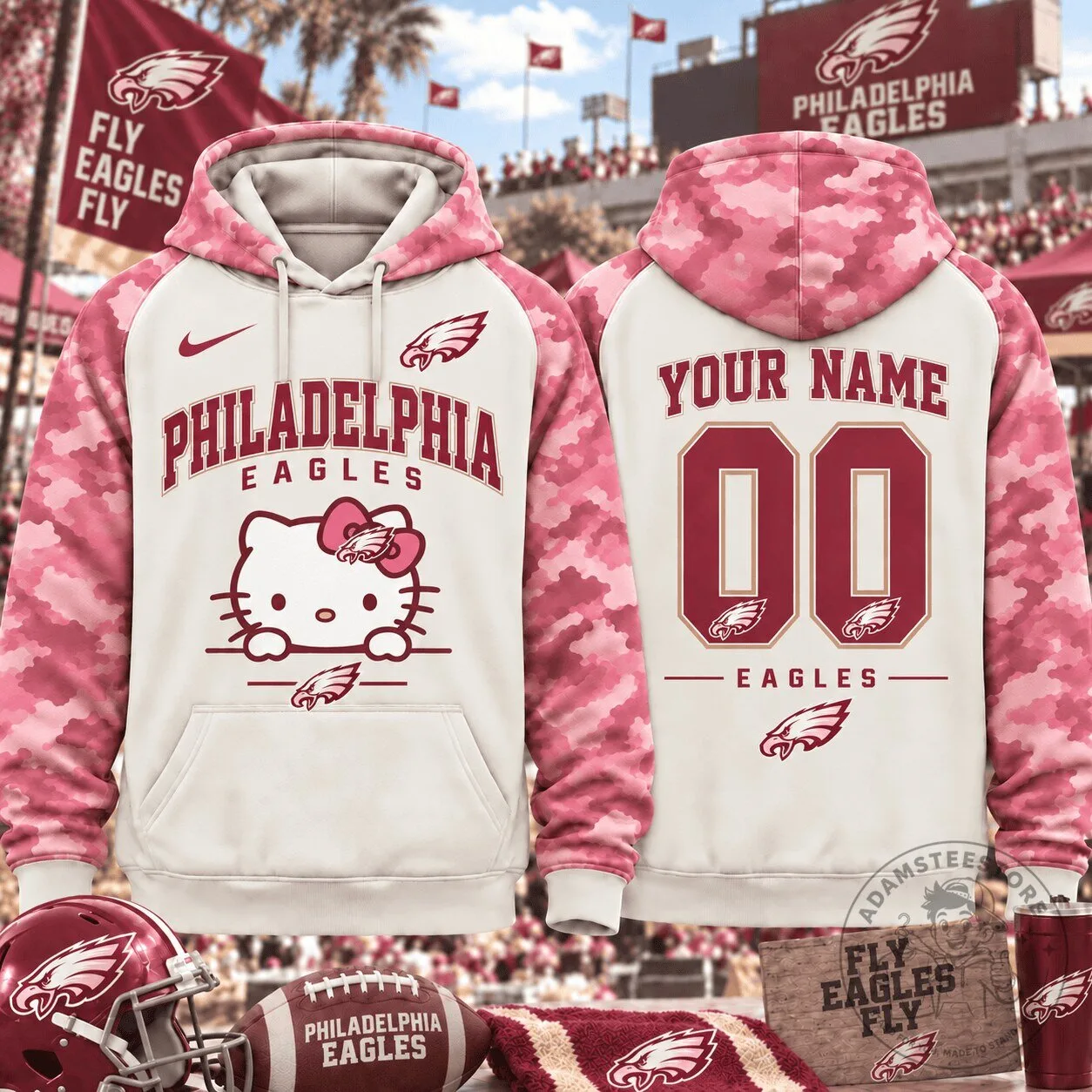 Philadelphia Eagles Hello Kitty Pink Camouflage Custom Hoodie