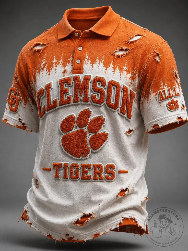 Clemson Tigers Distressed Orange and White College Football Polo Shirt