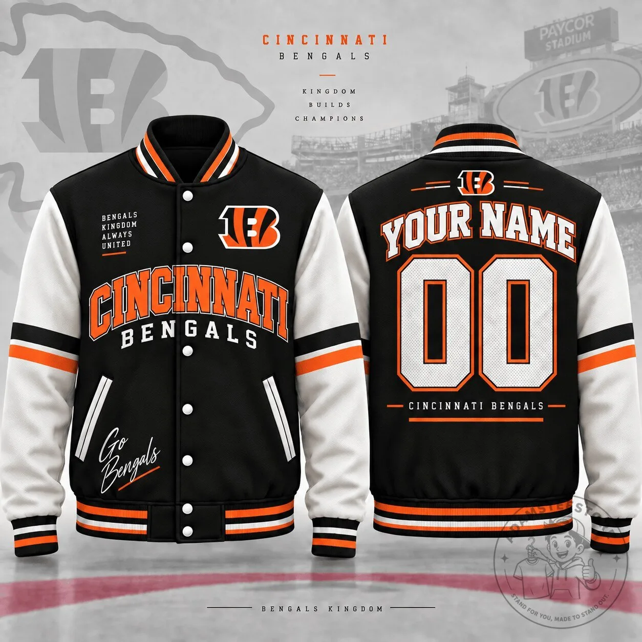 Cincinnati Bengals Custom Name Number Black White Orange Varsity Jacket