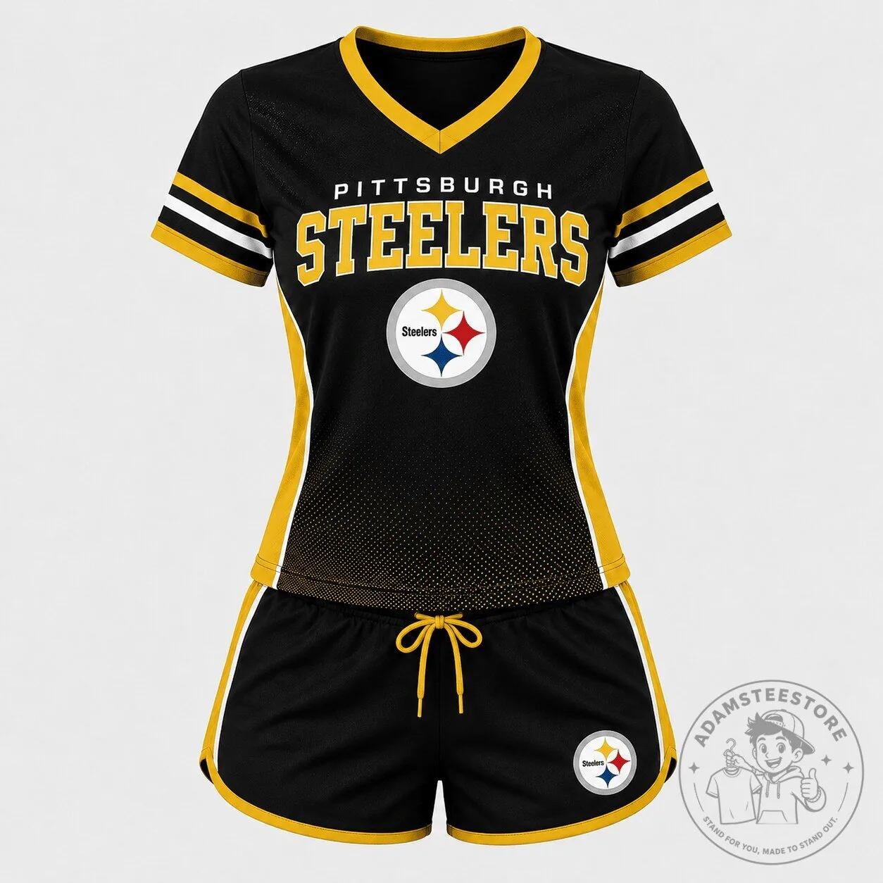 Pittsburgh Steelers Women's Black and Gold Football Team V-Neck Shirt and Shorts Set