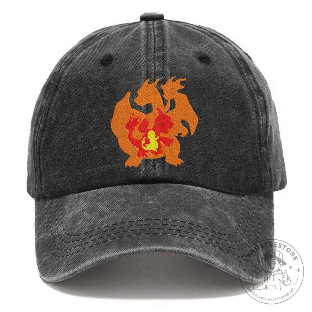 Pokemon Charizard and Charmander Embroidered Distressed Baseball Cap Hat
