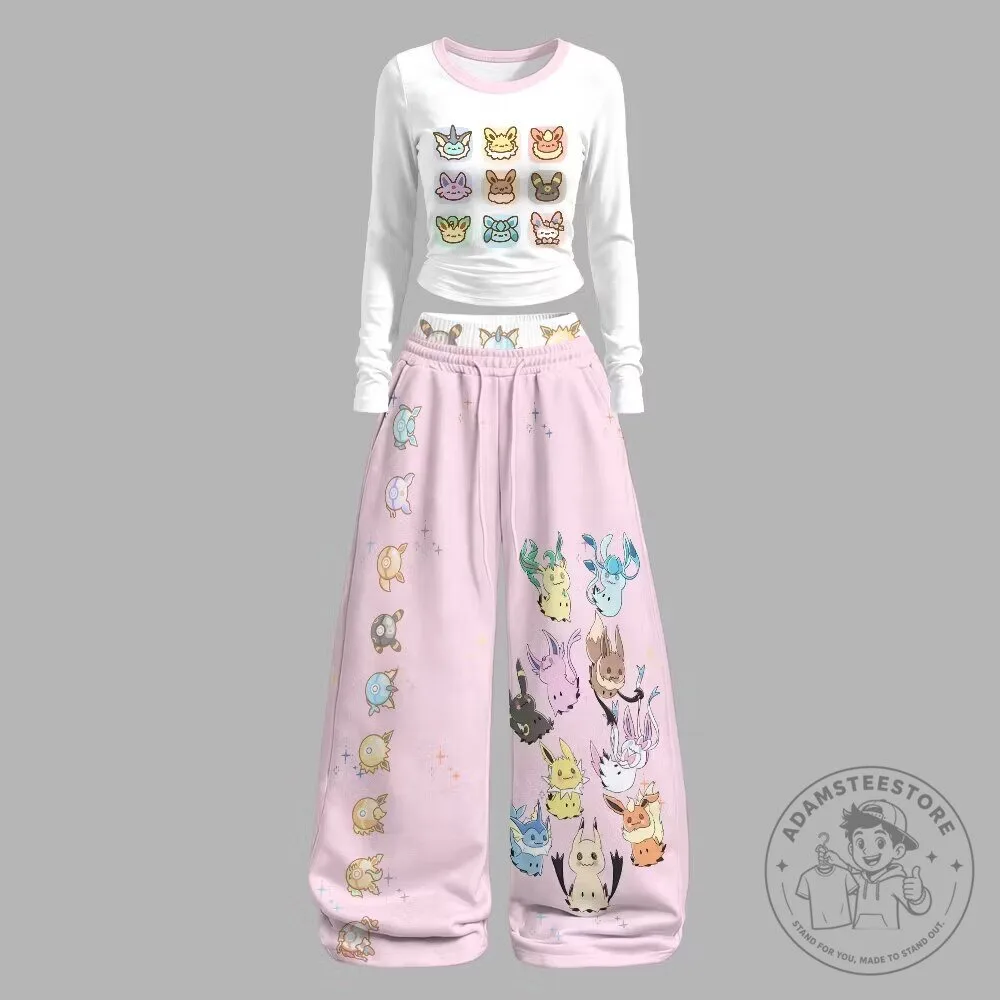 Cute Pink Pokemon Eevee Evolution Characters Long Sleeve Shirt and Pants Set