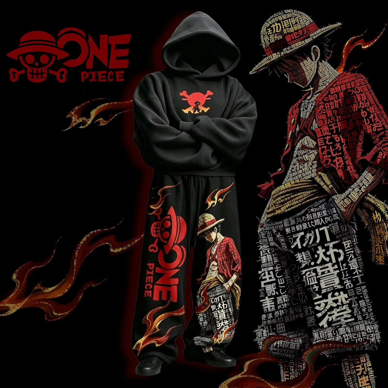 One Piece Anime Luffy Skull Logo Black Hoodie and Sweatpants Set