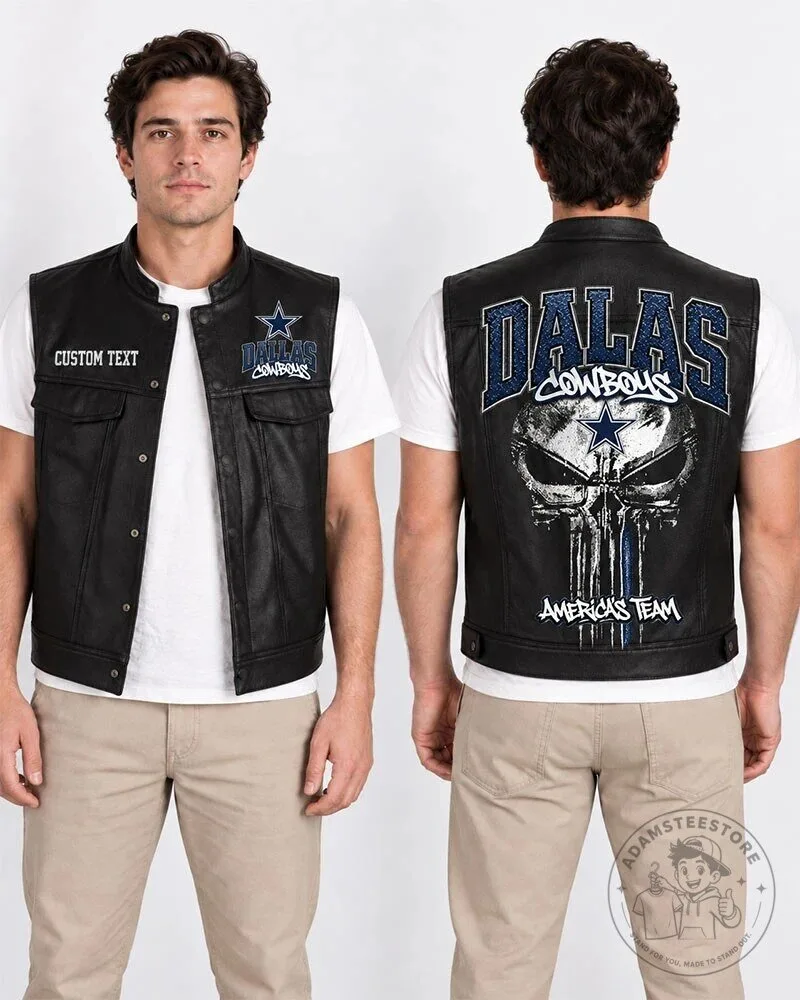 Dallas Cowboys Punisher Skull Custom Text Black Leather Vest