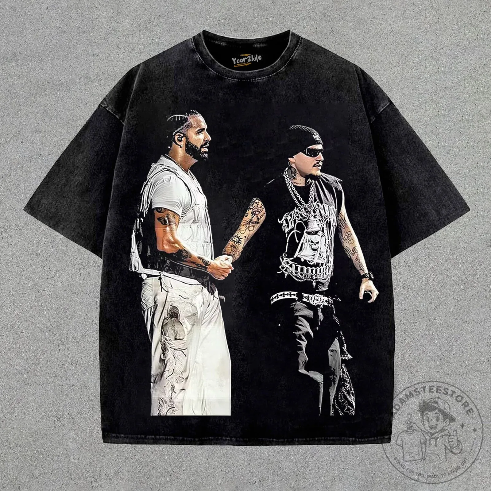 Drake and Yeat Holding Hands Graphic Print Washed Black T-Shirt