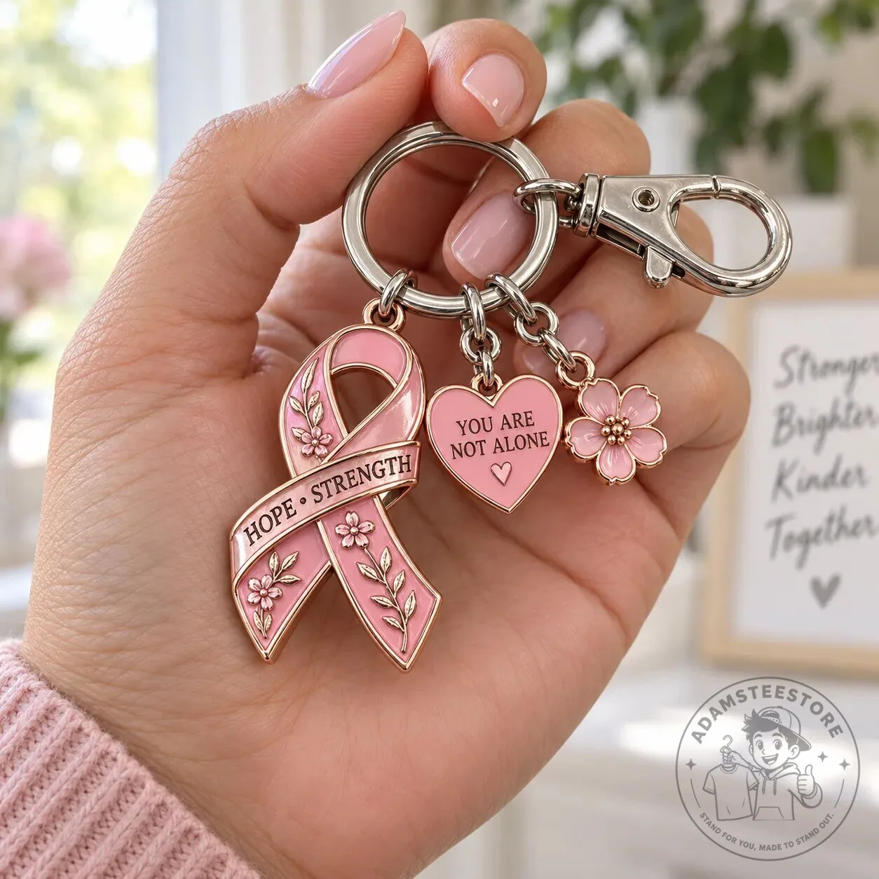 Breast Cancer Awareness Pink Ribbon Hope Strength Charm Keychain