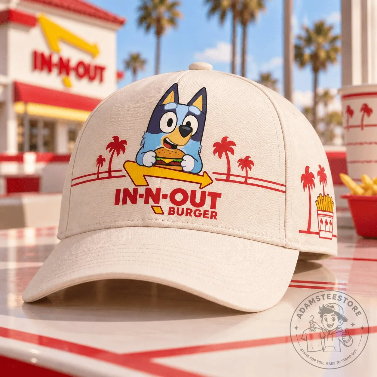 In-N-Out Burger Bluey Character Palm Tree Graphic Print Baseball Cap Hat