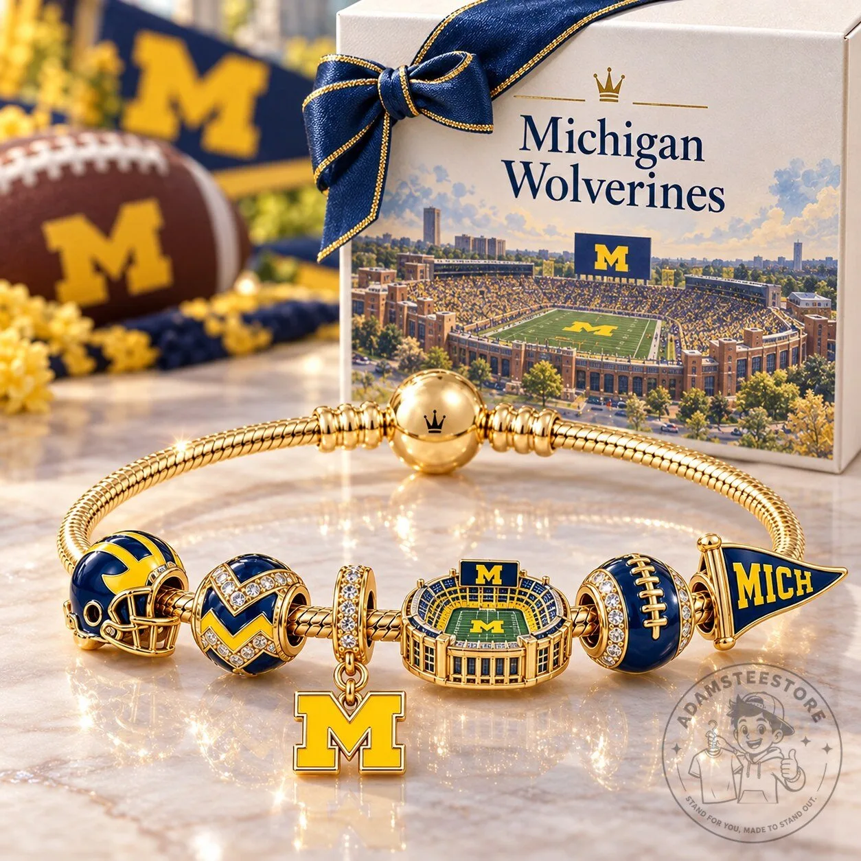 Michigan Wolverines Gold Charm Bracelet Set with Football Helmet and Stadium Charms