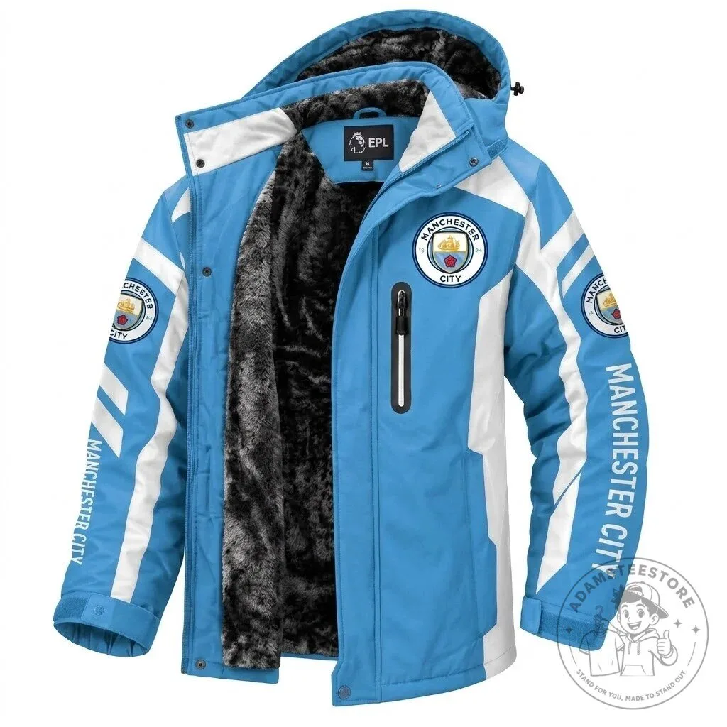 Manchester City Football Club Sky Blue White Winter Waterproof Parka Jacket