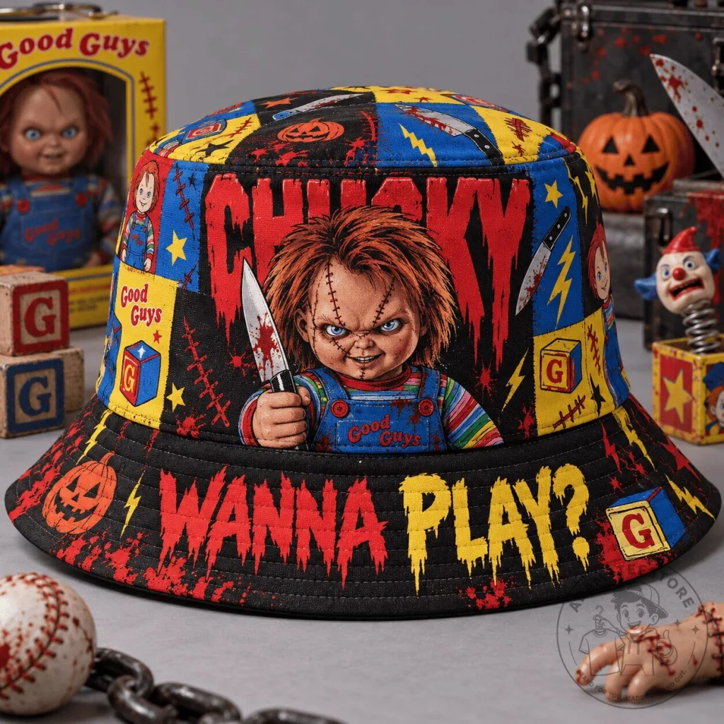 Chucky Wanna Play Horror Movie Graphic Bucket Hat Chucky Wanna Play Horror Movie Graphic Bucket Hat