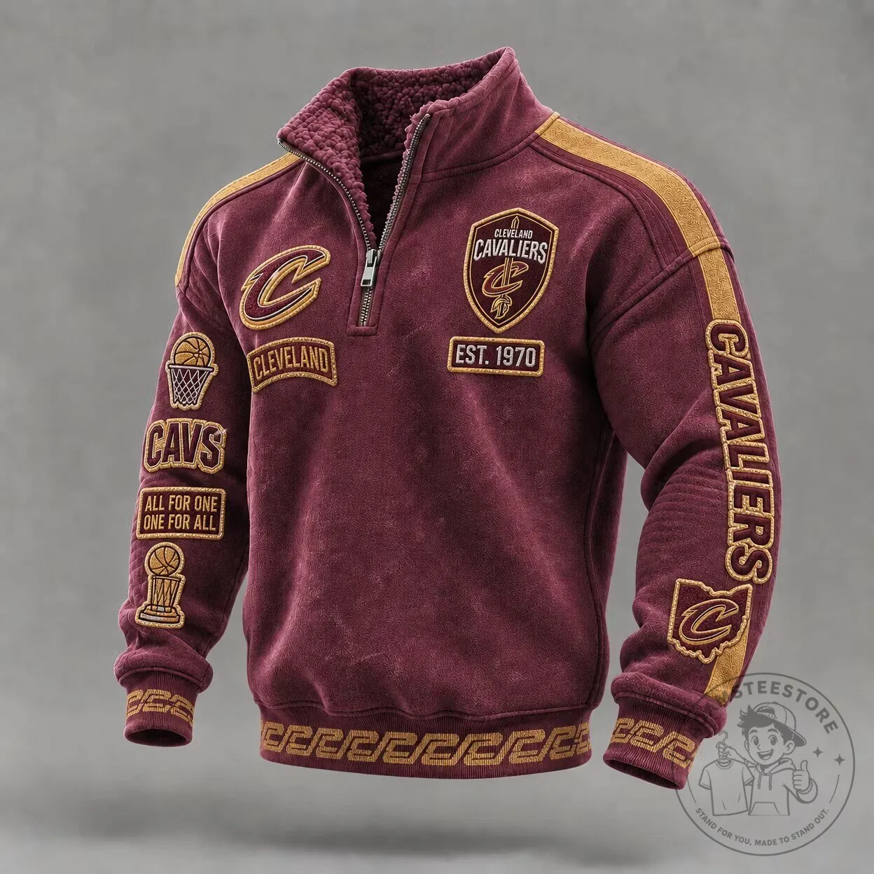 Cleveland Cavaliers Maroon Quarter-Zip Fleece Sweatshirt with Embroidered Patches