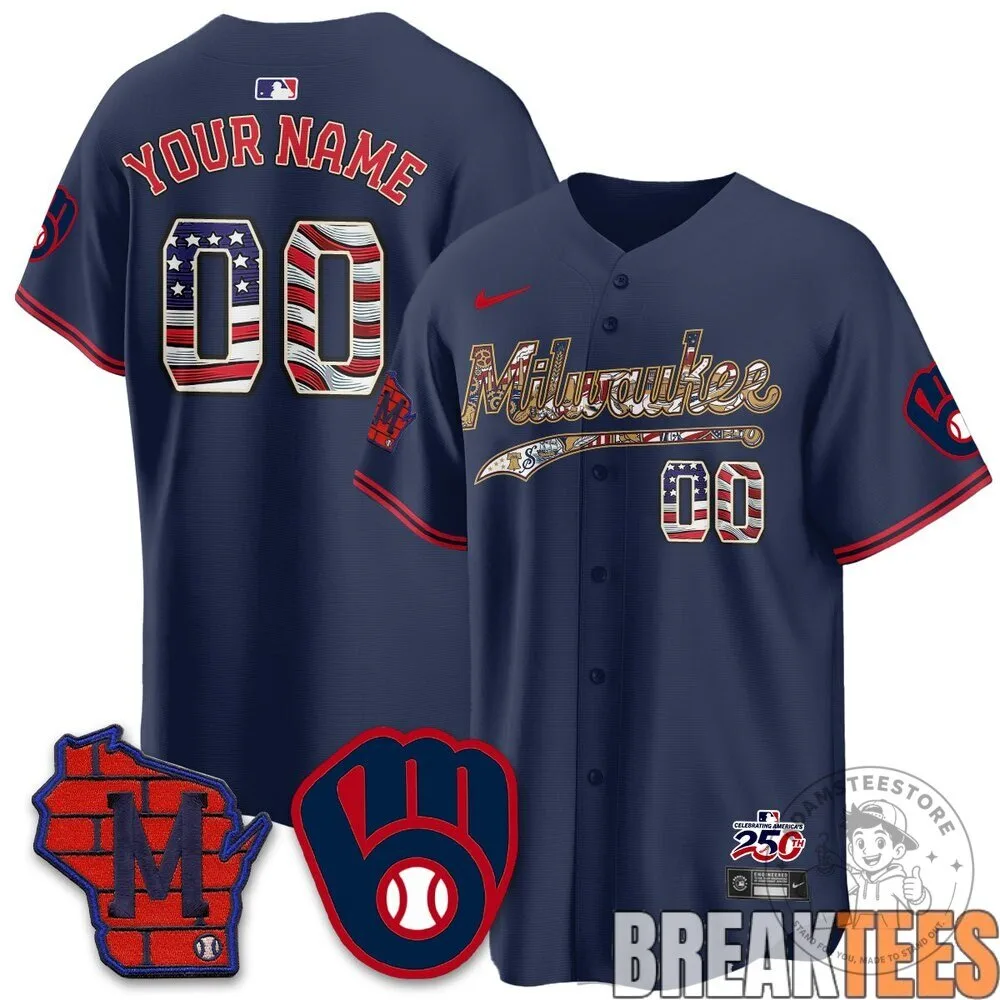 Milwaukee Brewers 2026 Independence Day USA Custom Baseball Jersey 11 Milwaukee Brewers 2026 Independence Day USA Custom Baseball Jersey