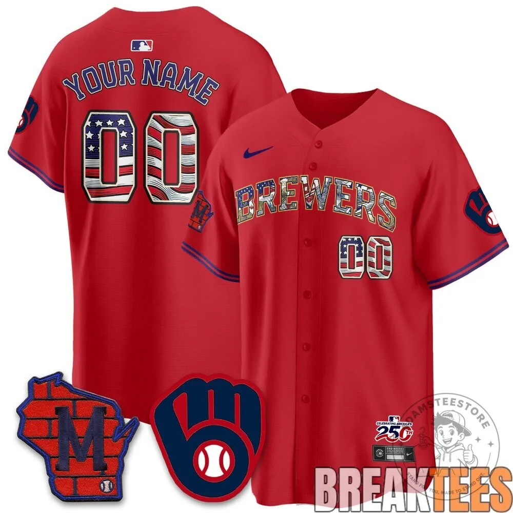 Milwaukee Brewers 2026 Independence Day USA Custom Baseball Jersey 14 Milwaukee Brewers 2026 Independence Day USA Custom Baseball Jersey