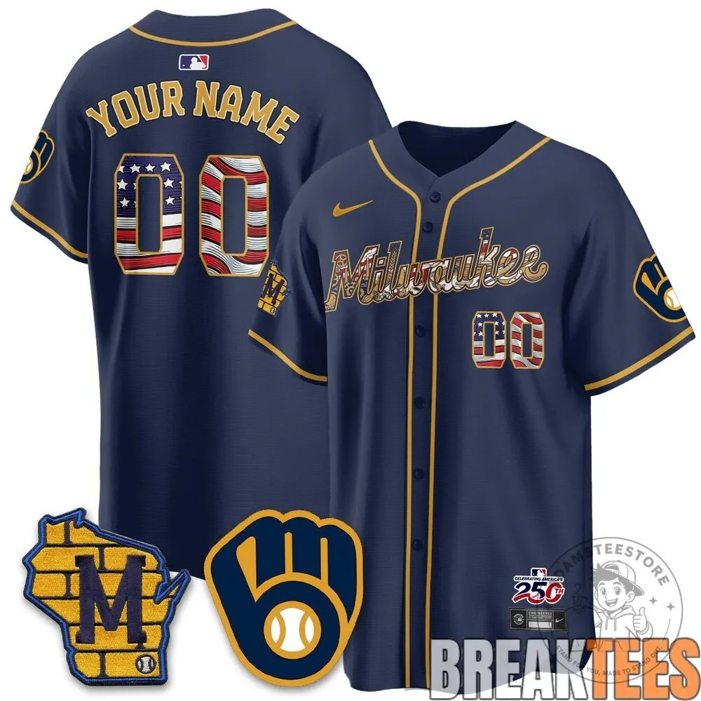 Milwaukee Brewers 2026 Independence Day USA Custom Baseball Jersey 15 Milwaukee Brewers 2026 Independence Day USA Custom Baseball Jersey