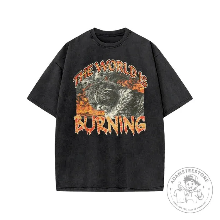 Burning World Cat Graphic Print Acid Washed T-shirt