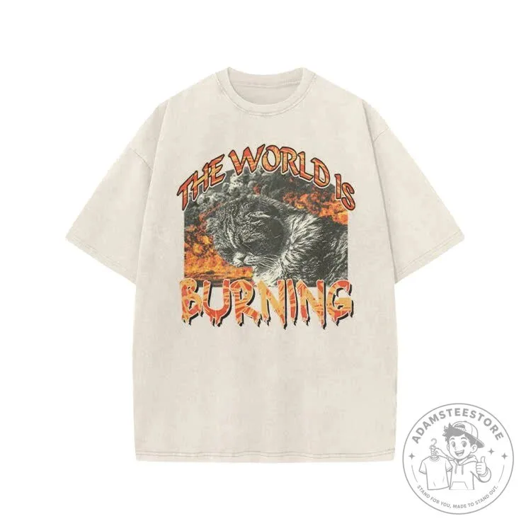 Burning World Cat Graphic Print Acid Washed T-shirt 14 Burning World Cat Graphic Print Acid Washed T-shirt