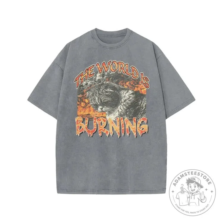 Burning World Cat Graphic Print Acid Washed T-shirt 15 Burning World Cat Graphic Print Acid Washed T-shirt