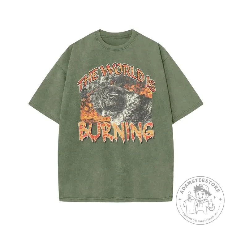Burning World Cat Graphic Print Acid Washed T-shirt 16 Burning World Cat Graphic Print Acid Washed T-shirt