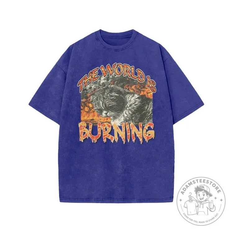 Burning World Cat Graphic Print Acid Washed T-shirt 17 Burning World Cat Graphic Print Acid Washed T-shirt