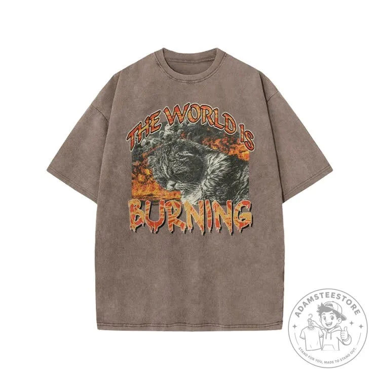 Burning World Cat Graphic Print Acid Washed T-shirt 18 Burning World Cat Graphic Print Acid Washed T-shirt