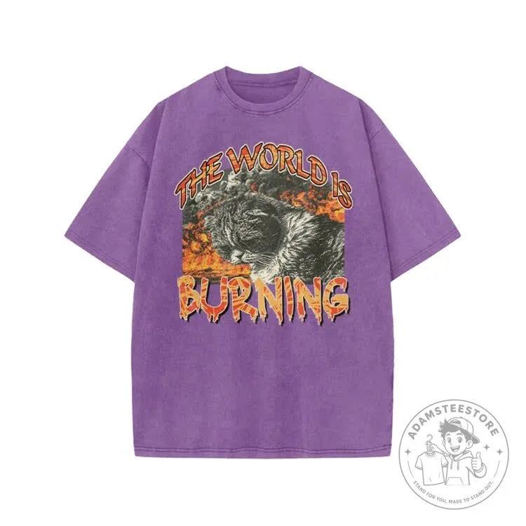 Burning World Cat Graphic Print Acid Washed T-shirt 19 Burning World Cat Graphic Print Acid Washed T-shirt