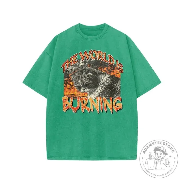 Burning World Cat Graphic Print Acid Washed T-shirt 20 Burning World Cat Graphic Print Acid Washed T-shirt