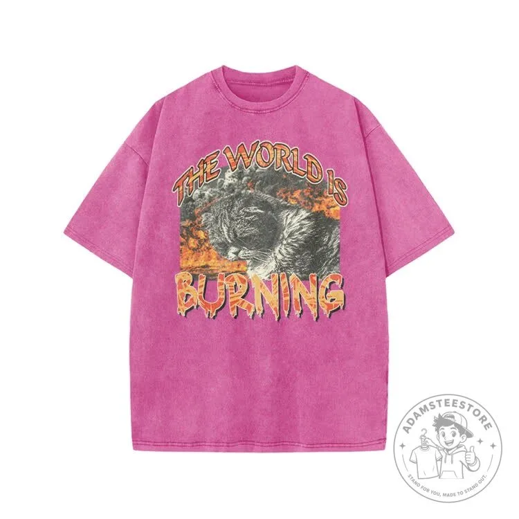Burning World Cat Graphic Print Acid Washed T-shirt 21 Burning World Cat Graphic Print Acid Washed T-shirt