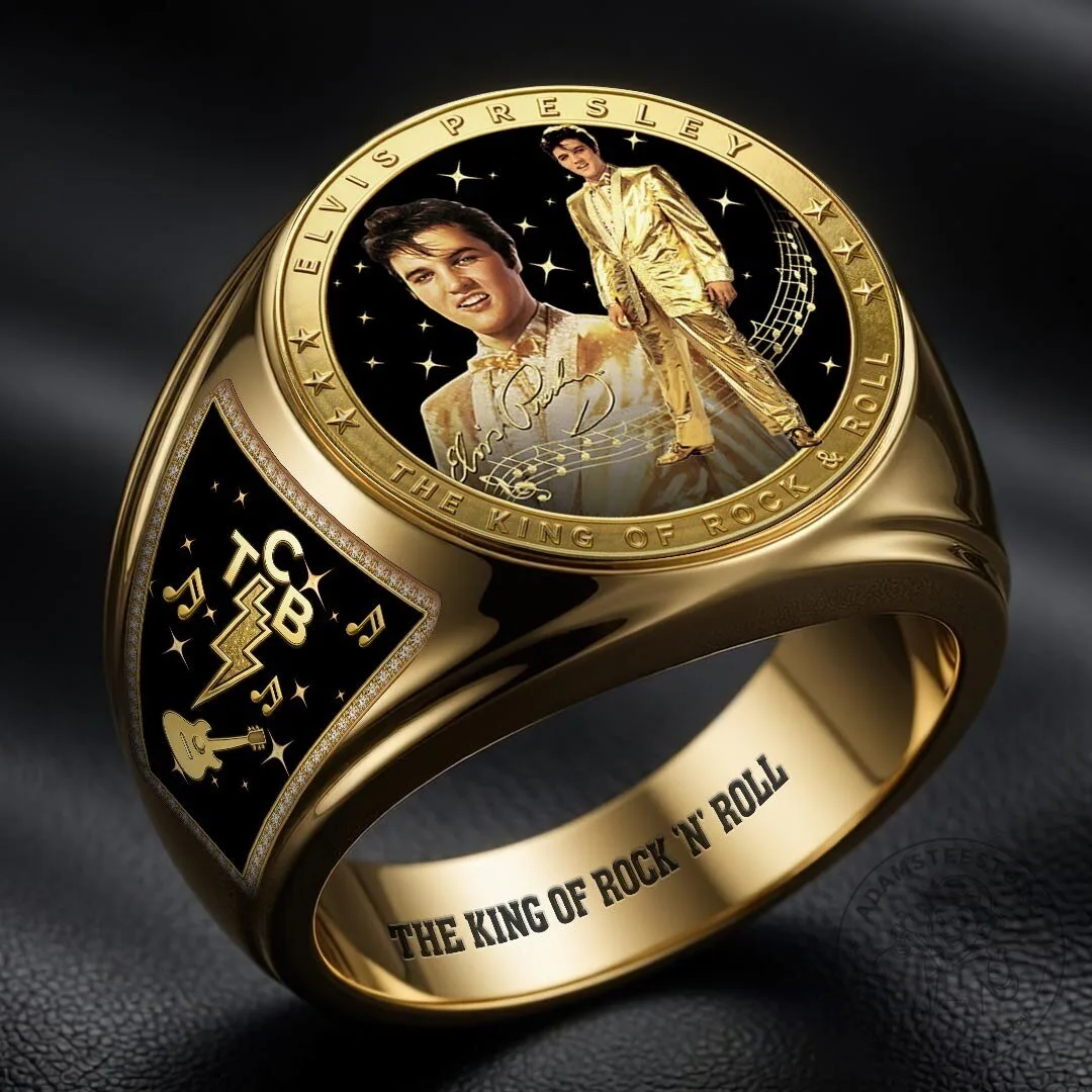 Engraved Gold Tone Ring Featuring Elvis Presley, The King of Rock and Roll