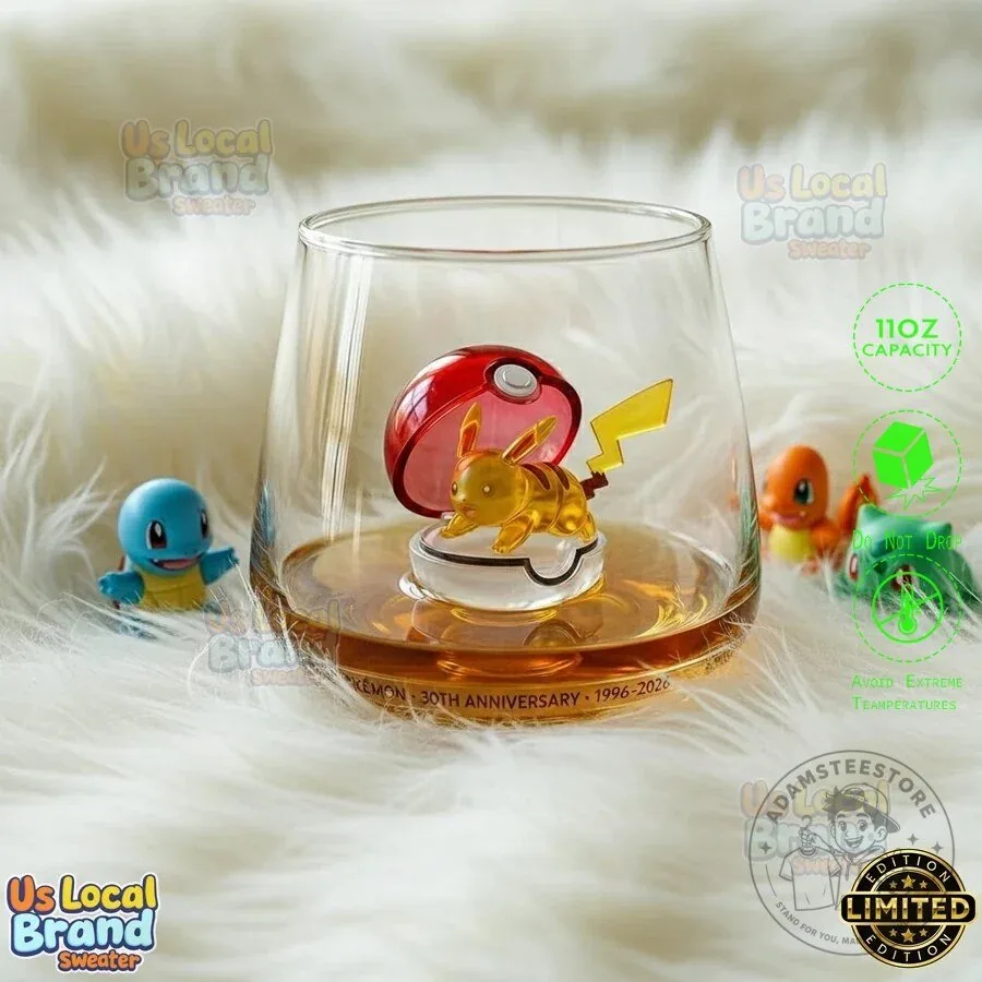 Pikachu Pokemon 30th Anniversary 1996-2026 Collectible Whiskey Glass