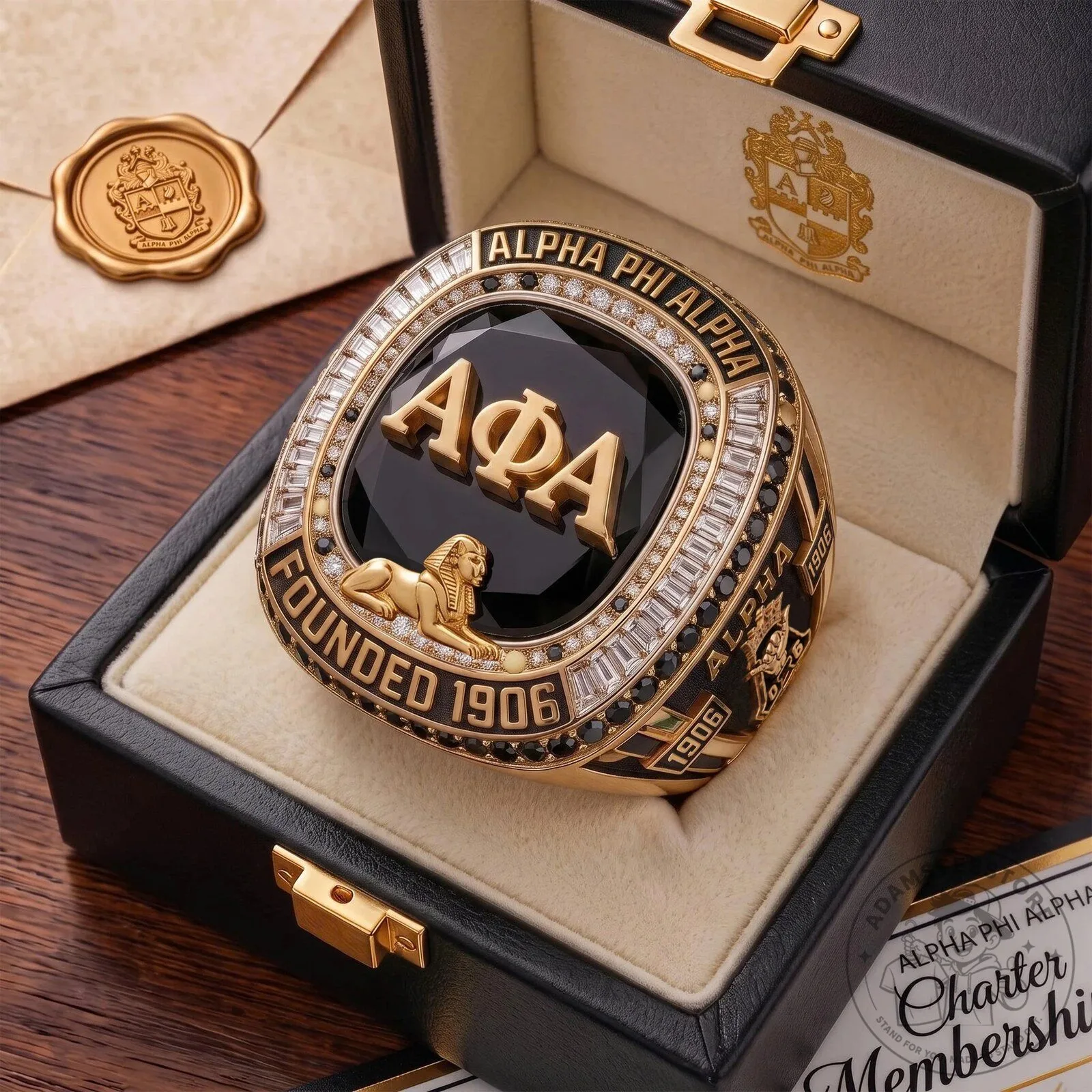 Championship Ring in Black and Gold for Alpha Phi Alpha Fraternity Established 1906