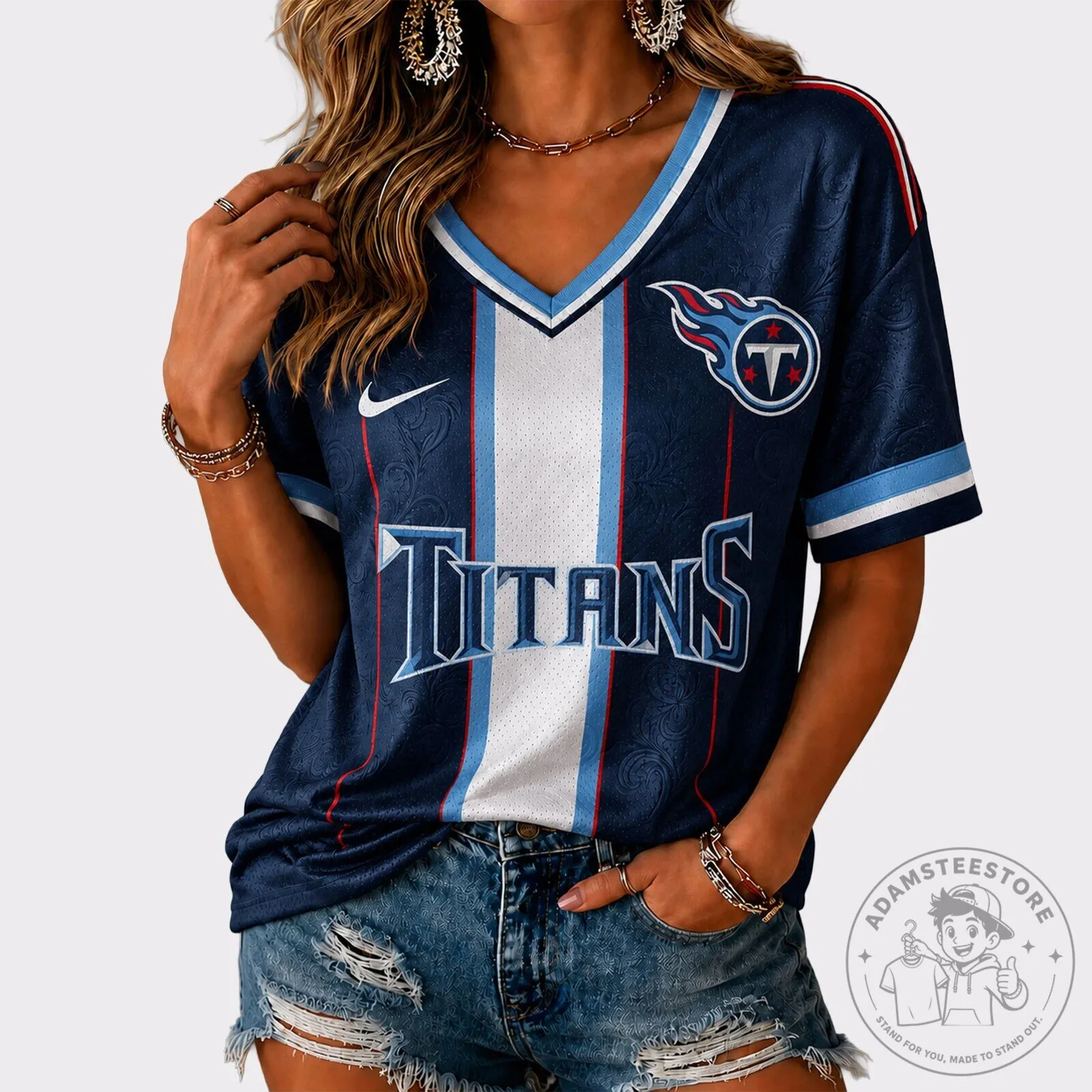 Tennessee Titans NFL Football Team V-Neck Short Sleeve Game Day Jersey for Women 2 Tennessee Titans NFL Football Team V-Neck Short Sleeve Game Day Jersey for Women