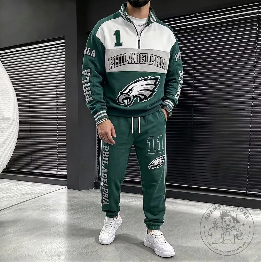 Philadelphia Eagles Quarter Zip Pullover Sweatshirt and Jogger Pants Tracksuit Set