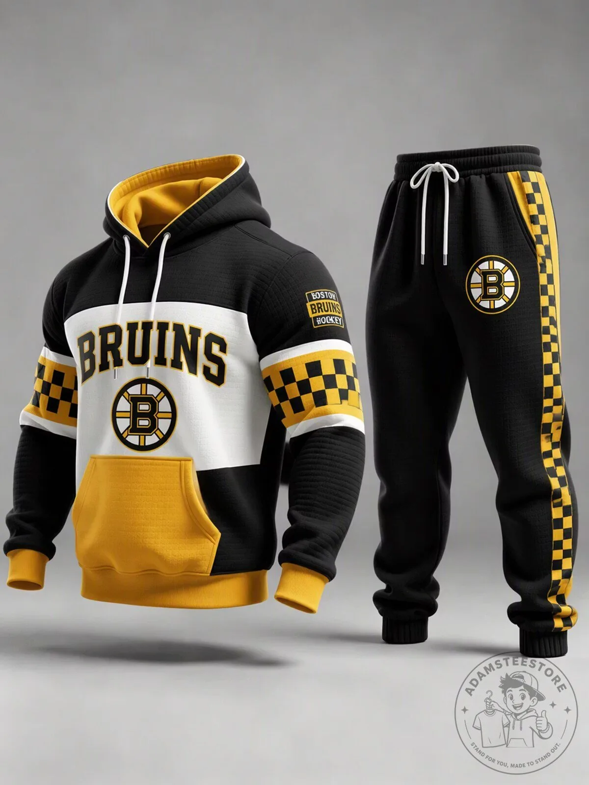 Boston Bruins Hockey Team Black and Gold Checkerboard Hoodie and Jogger Set