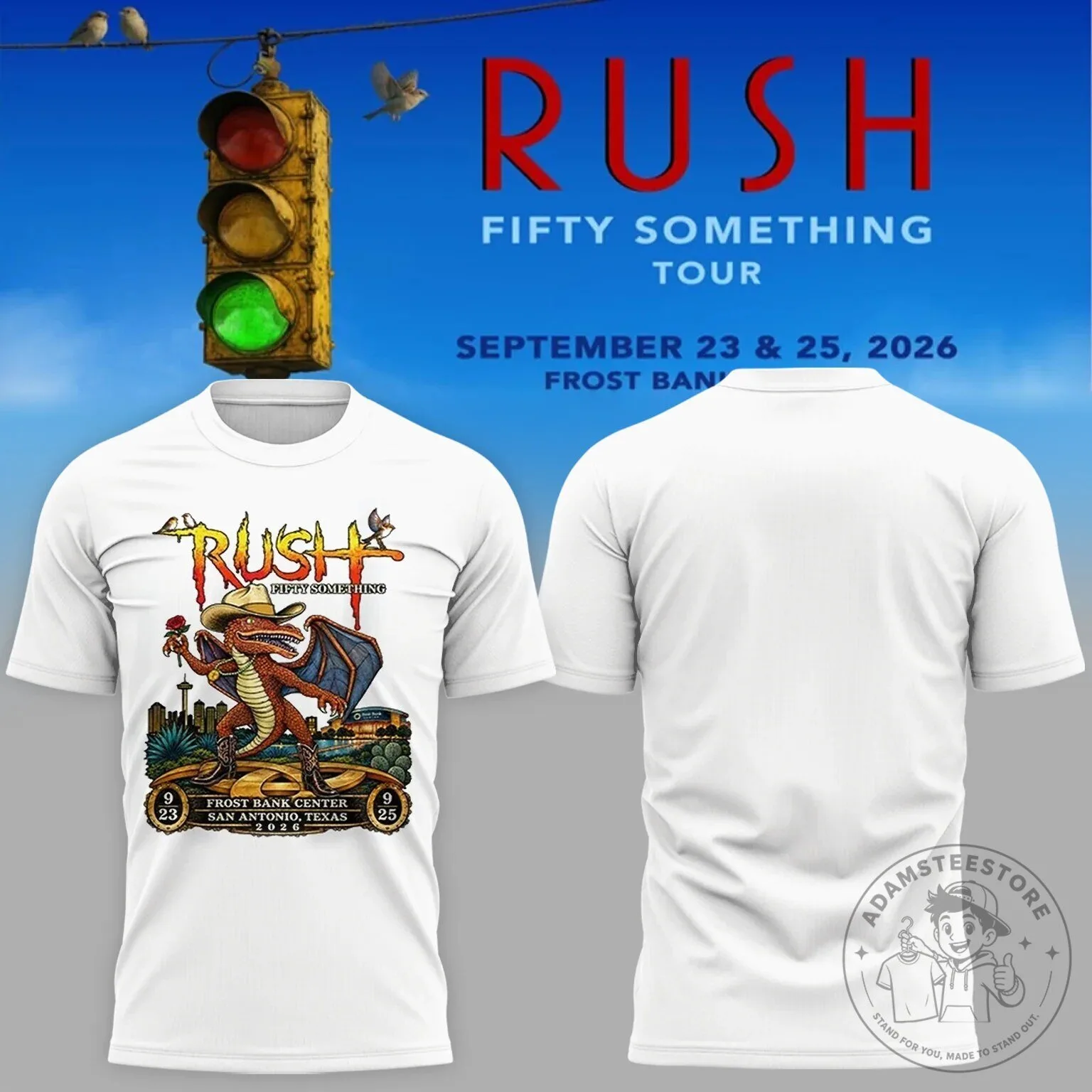 Fifty Something Tour Concert T-Shirt for Rush Band in San Antonio, Texas 2026