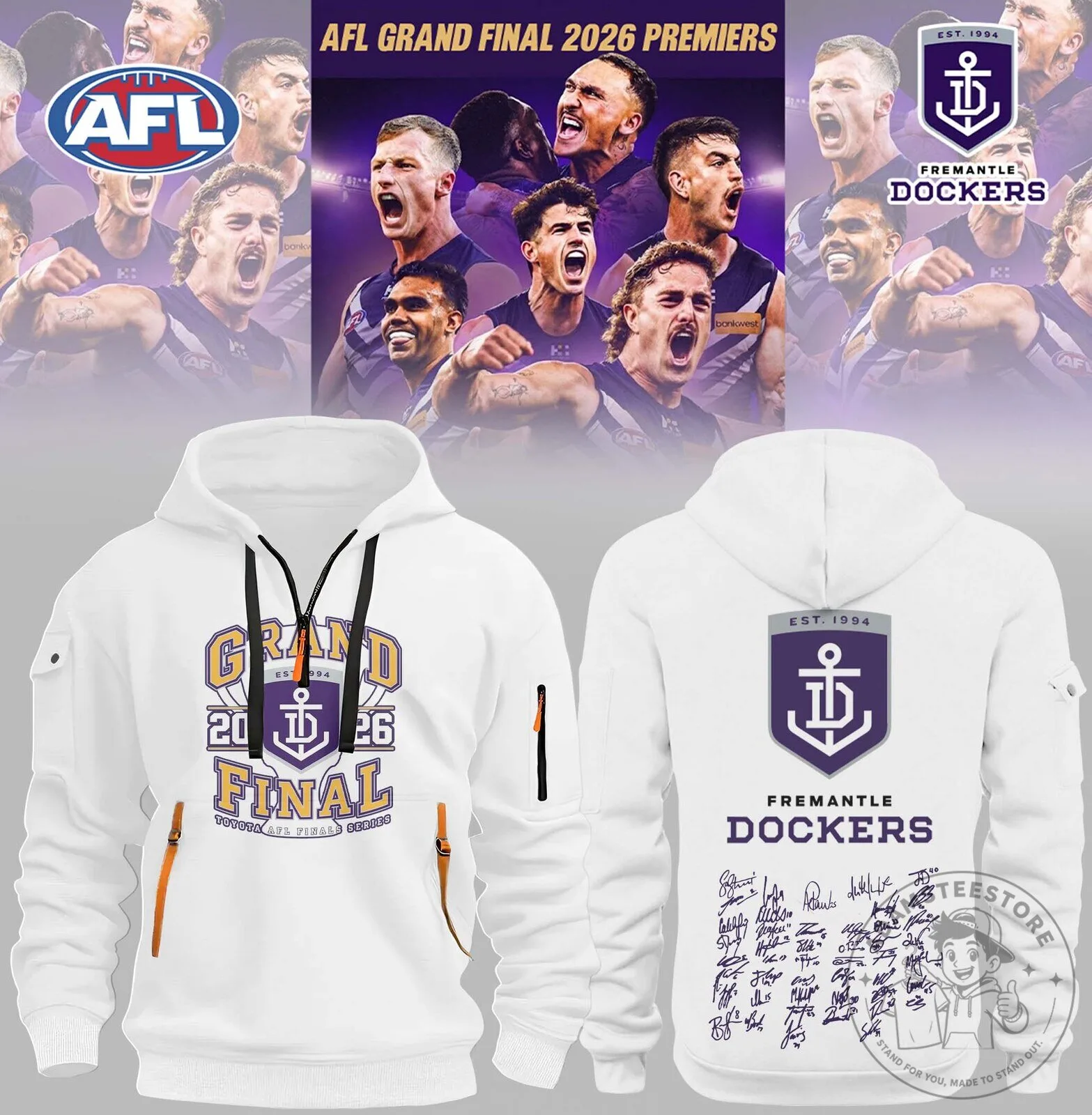 Fremantle Dockers AFL 2026 Grand Final Premiers White Half Zip Hoodie