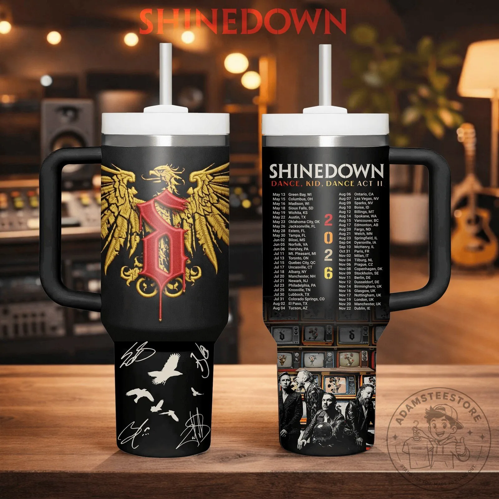 Shinedown Gold Eagle Crest Tour Dates 40oz Tumbler with Handle