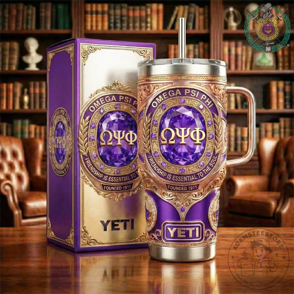 Omega Psi Phi Fraternity Purple Gold Diamond Pattern Tumbler with Handle Omega Psi Phi Fraternity Purple Gold Diamond Pattern Tumbler with Handle