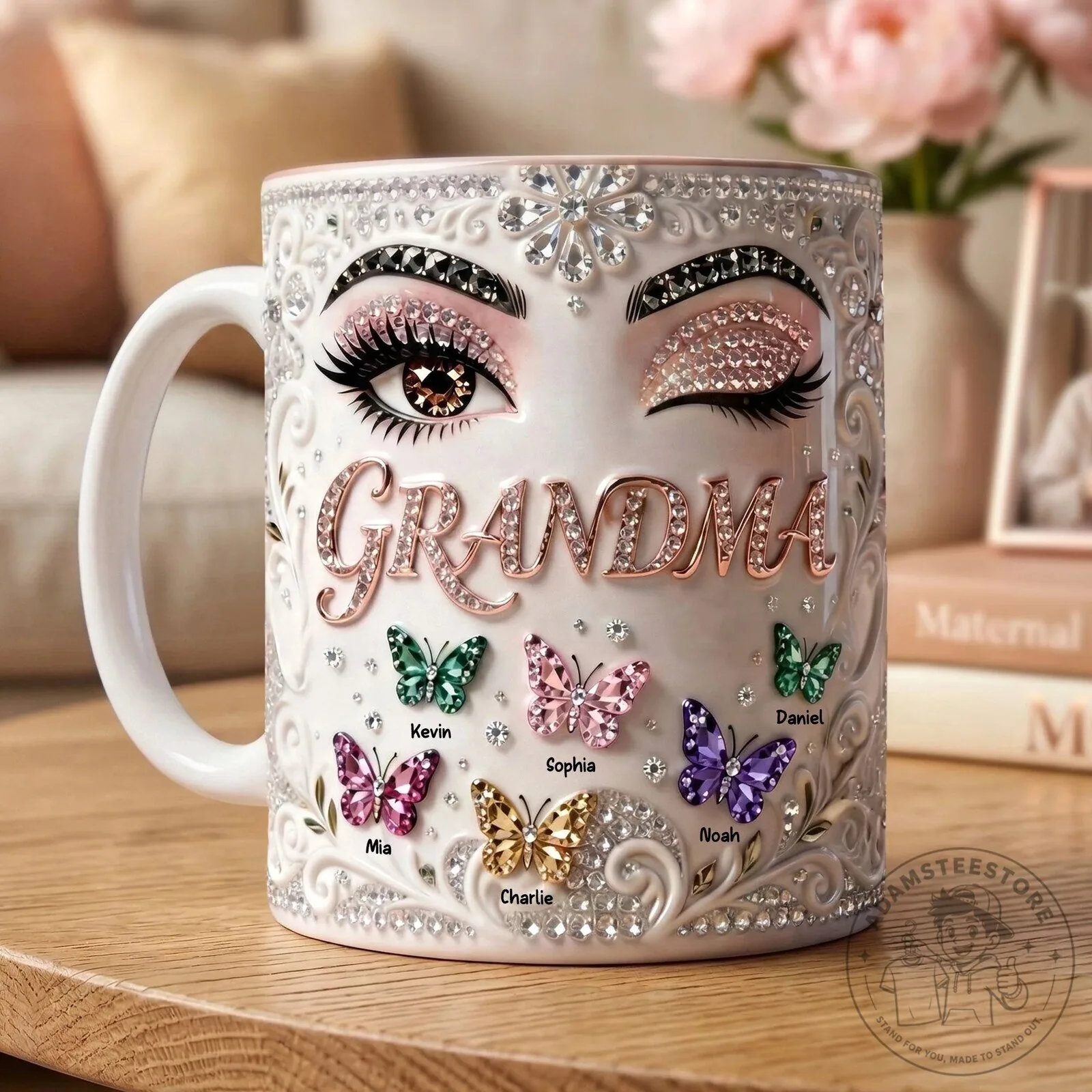 Personalized Grandma Butterfly Rhinestone Coffee Mug with Grandchildren's Names