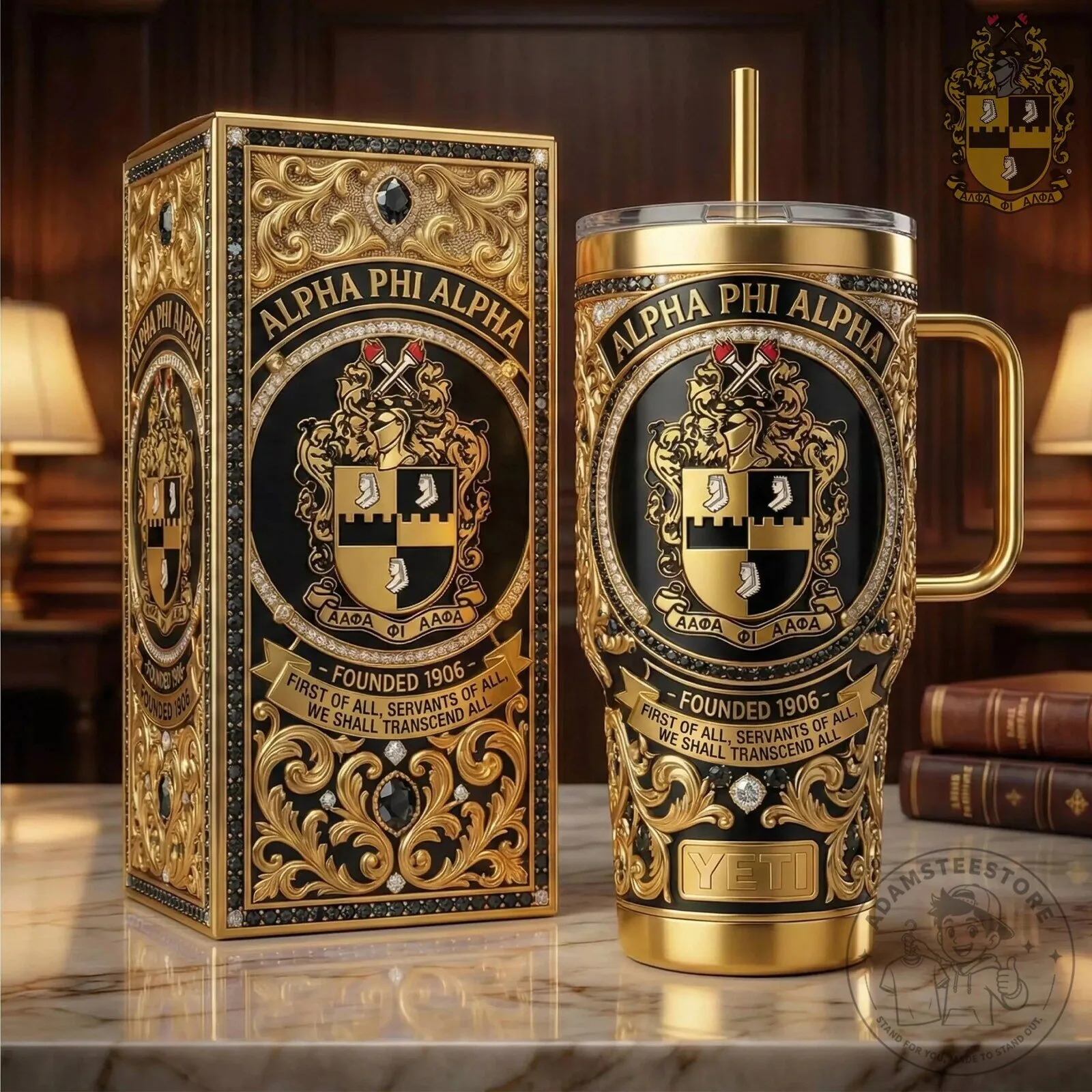 Alpha Phi Alpha Founded 1906 Black Gold Crest Yeti Tumbler with Handle