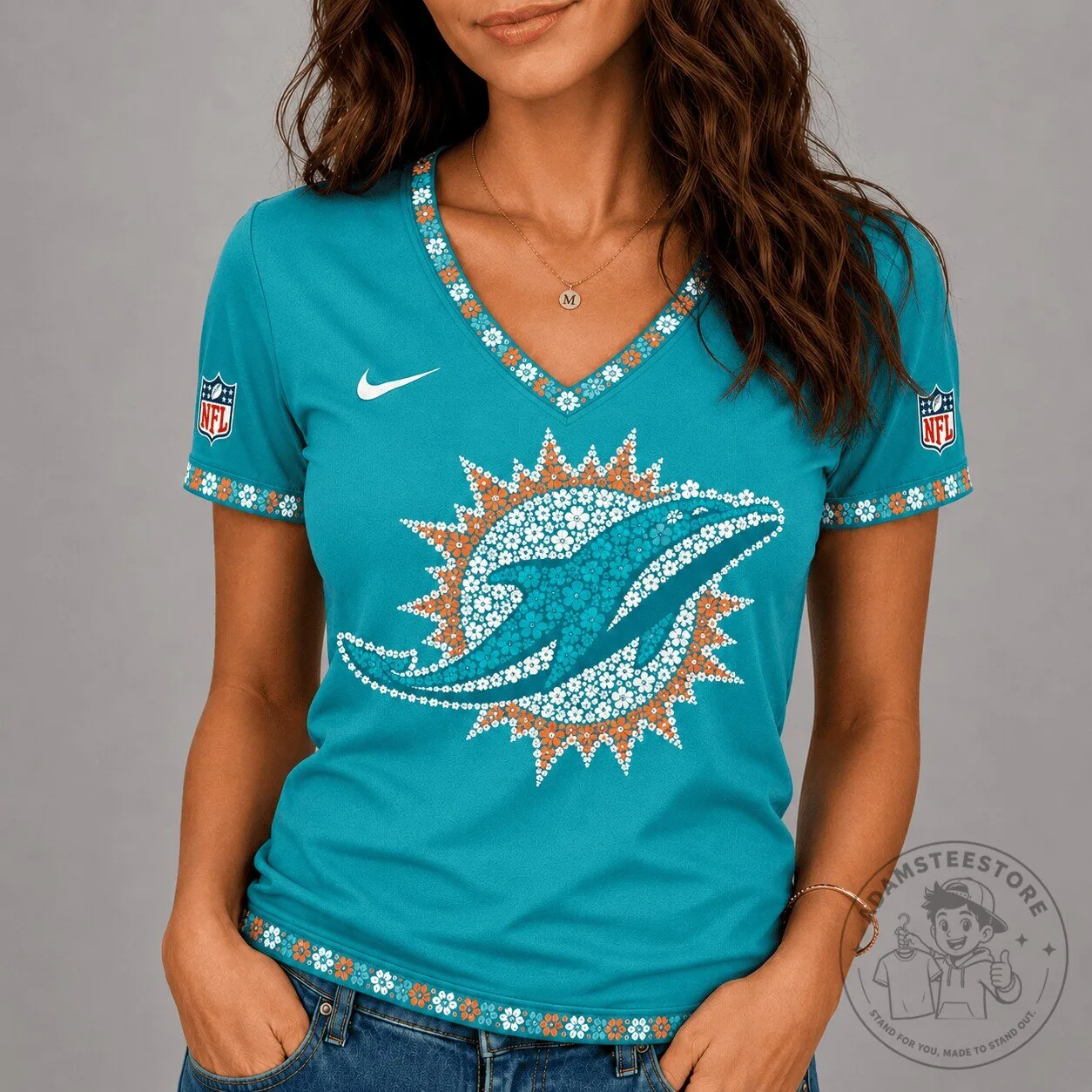 Miami Dolphins NFL Flower Logo V-Neck Short Sleeve T-Shirt for Women 1 Miami Dolphins NFL Flower Logo V-Neck Short Sleeve T-Shirt for Women