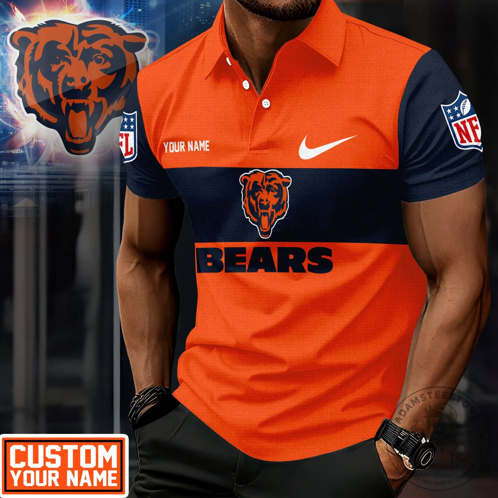 Chicago Bears National Football League Team Logo Orange and Navy Polo Shirt