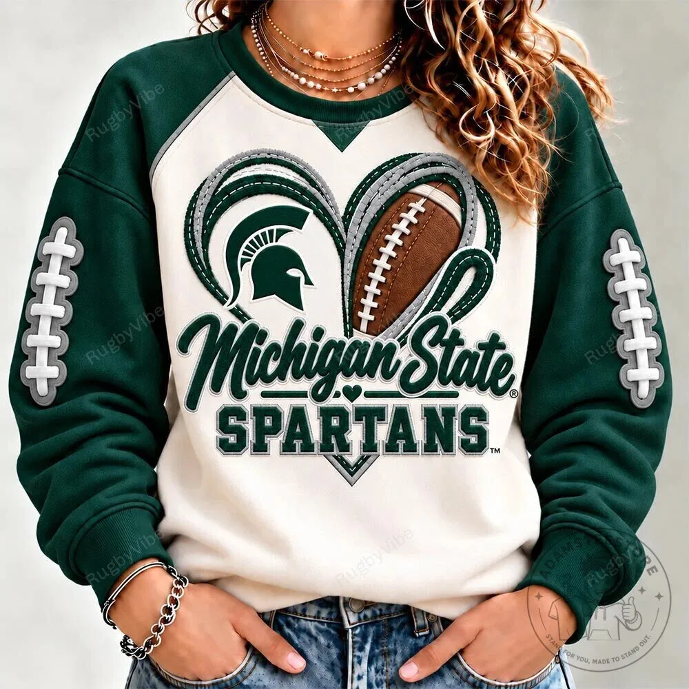 Michigan State Spartans Football Heart Logo Green and White Crewneck Sweatshirt